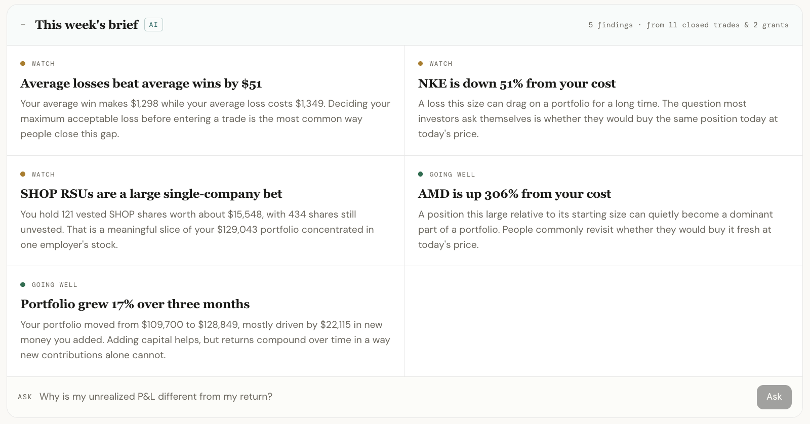 This week's brief: AI-written findings on average losses, a concentrated RSU position and portfolio growth, with an Ask box